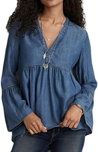 Vska Women's Sexy V-Neck Cotton Bell Sleeve Ruffle Peplum Denim Blouses Blue US L