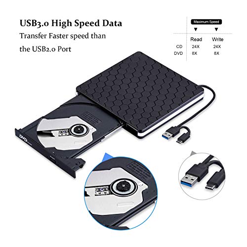 Rioddas External CD Drive Type C USB 3.0 Portable CD DVD +/-RW Drive Slim DVD/CD ROM Rewriter Burner Writer Compatible with Laptop Desktop PC Windows Linux OS Apple Mac (Soccer-typc)