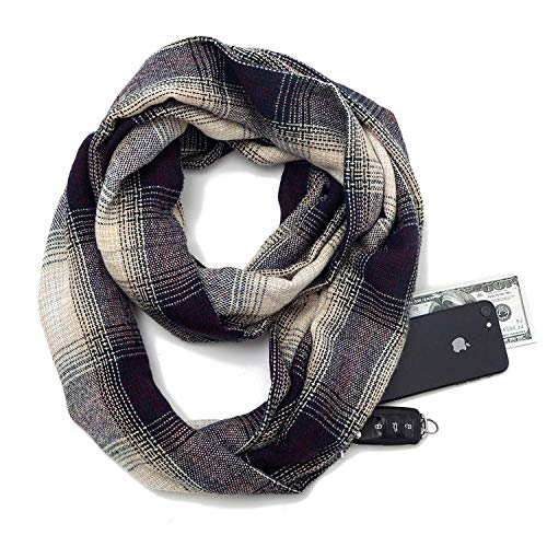 Plaid Infinity Scarf with Hidden Pocket - Convertible Scarves for Women and Men