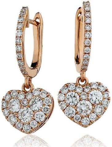 0.90CT Certified G/VS2 Round Brilliant Cut Micro Set Heart Shape Cluster Diamond Drop Earrings in 18K Rose Gold