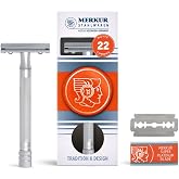 MERKUR 22C Double Edge Safety Razor - Matte Chrome | Long Knurled Brass Handle | Made in Germany | Plastic-Free | Three Piece Design | Closed Comb | Straight Bar