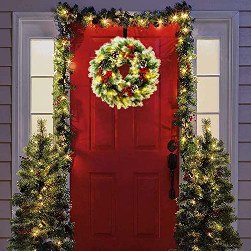 16 Inch Christmas Wreath, Lighted Christmas Wreath for Front Door with 40 Warm Lights Battery Operated, Snowflake White Christmas Wreath with Pine Cone Red Berry for Xmas Decorations Indoor Outdoor