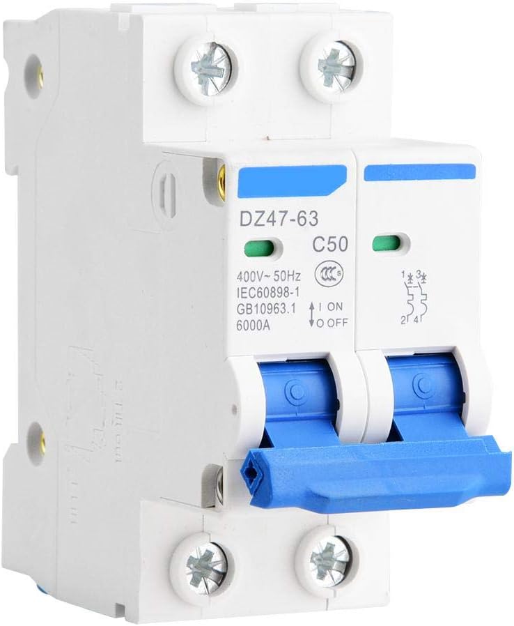 Current Circuit Breaker, DZ47-63 2P Miniature Circuit Breaker Leakage Protection Air Switch 400VAC(50A)