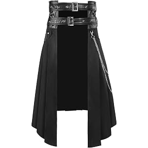 EIWDZX Men's Gothic Punk Skirt High Waist Irregular Midi Skirt With Chain | Dark Rock Retro Streetwear Tier Split Skirt Hem G
