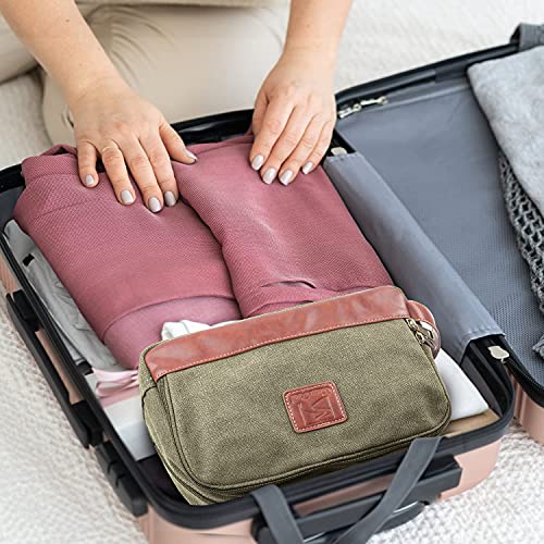 SEEMEROAD Toiletry Bag Canvas for Men / Women Traveling Cosmetic Bag Dopp Kit Leather Shaving Organizer Hygiene (L - Military Green)