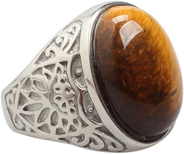 Jewelry Men's Stainless Steel Carved Flower Pattern Vintage Gem Stone Ring