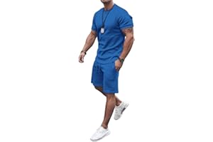 THATRICH Mens Running Outfits Sets 2 Piece Sweatsuits Short Sleeve Crewneck Sweatshirt Stretchy Shorts Workout Athletic Suits