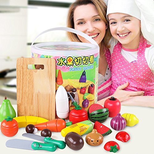 Wooden Cutting Cooking Toy With Magnetic Fruits Vegetables Pretend Food Playset Pretend Play Kitchen Set, Early Educational Development, Learning Gift For Boys Girls Toddler 2, 3, 4, 5, 6 Year Olds Ki