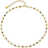 Dainty Square Colorful Rhinestones Glass Beaded Chain Necklace for Women Gold Minimalist Tiny Handmade Geometric Multicolor Rainbow Diamond Adjustable Choker Trendy Summer Fashion Jewelry for Her
