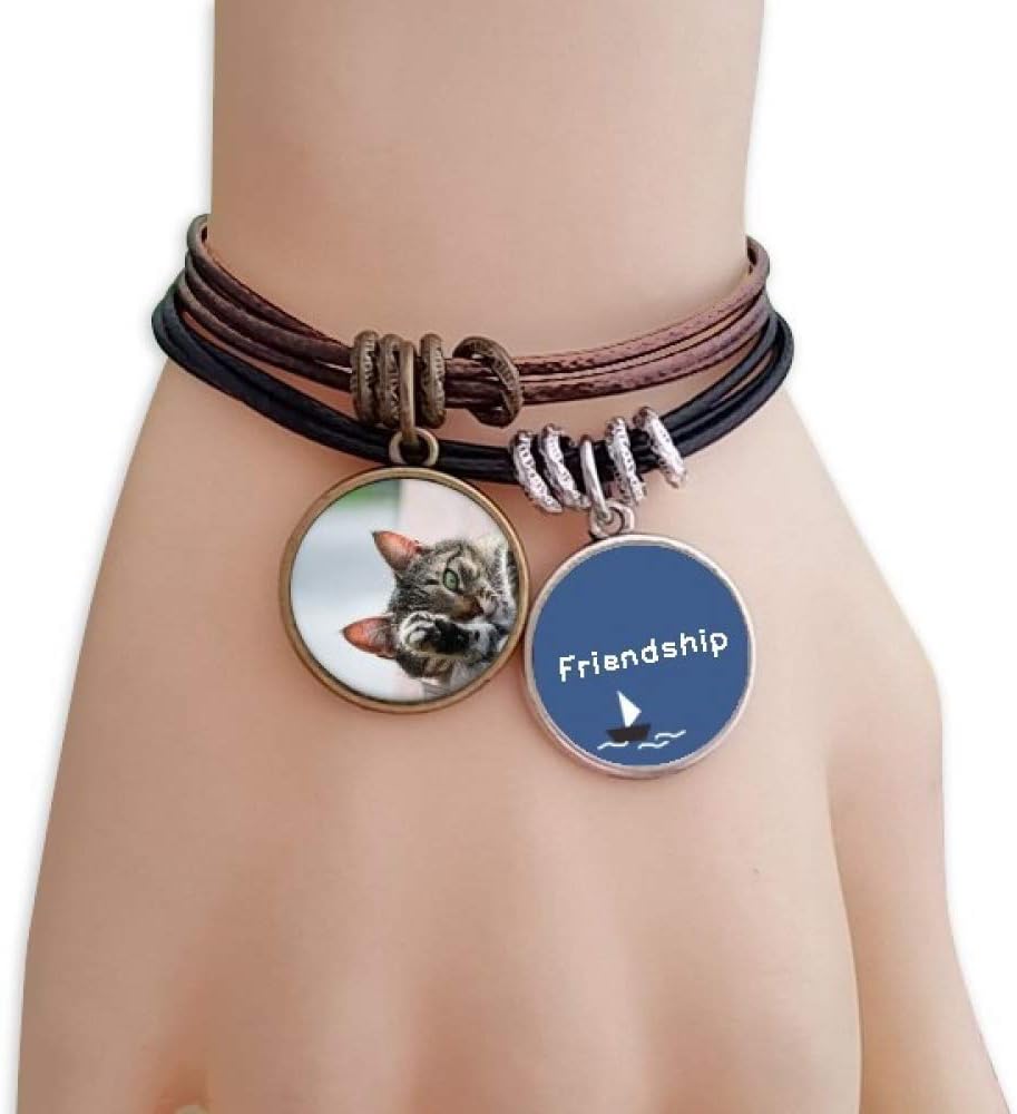 ProDIY Animal Activity Cat Photograph Picture Friendship Bracelet Leather Rope Wristband Couple Set