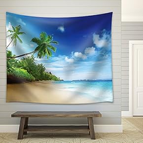 Island with Palm Trees by The Beach Shore on a Clear Sunny Day - Fabric Tapestry, Home Decor - 51x60 inches