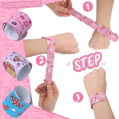 LovesTown 48PCS Valentines Day Slap Bracelets, Red Slap Wristbands Assorted Valentine Snap Bracelets for Kids Gift Exchange Valentine Party Favors