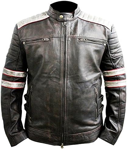 Trending Outfits Men's Vintage Cafe Racer Stylish Motorcycle Leather Jacket Collection (XXL, Retro Gray Stripe)