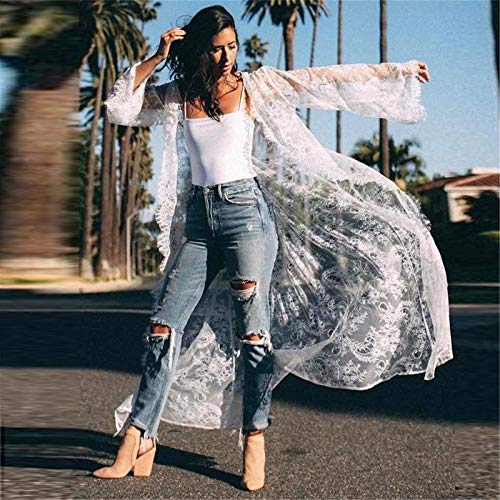 CofeeMO Women's Sheer Lace Maxi Cardigan Beach Cover Ups,Flare Sleeve Airy Sexy Summer Tops Shawls(White,L)