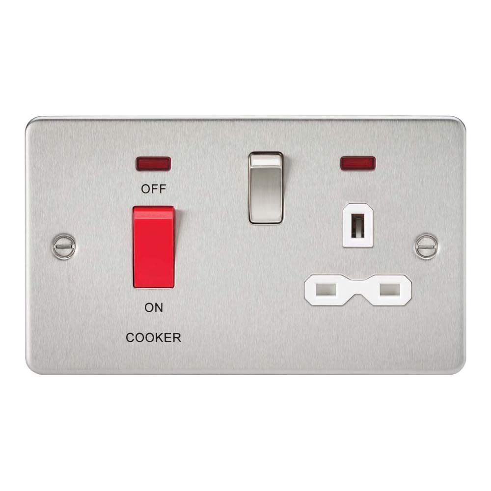 Knightsbridge FPR8333NBCW Flat Plate DP Switch and Switched Socket with Neon, Brushed Chrome with White Insert, 45 A/13 A — image 1
