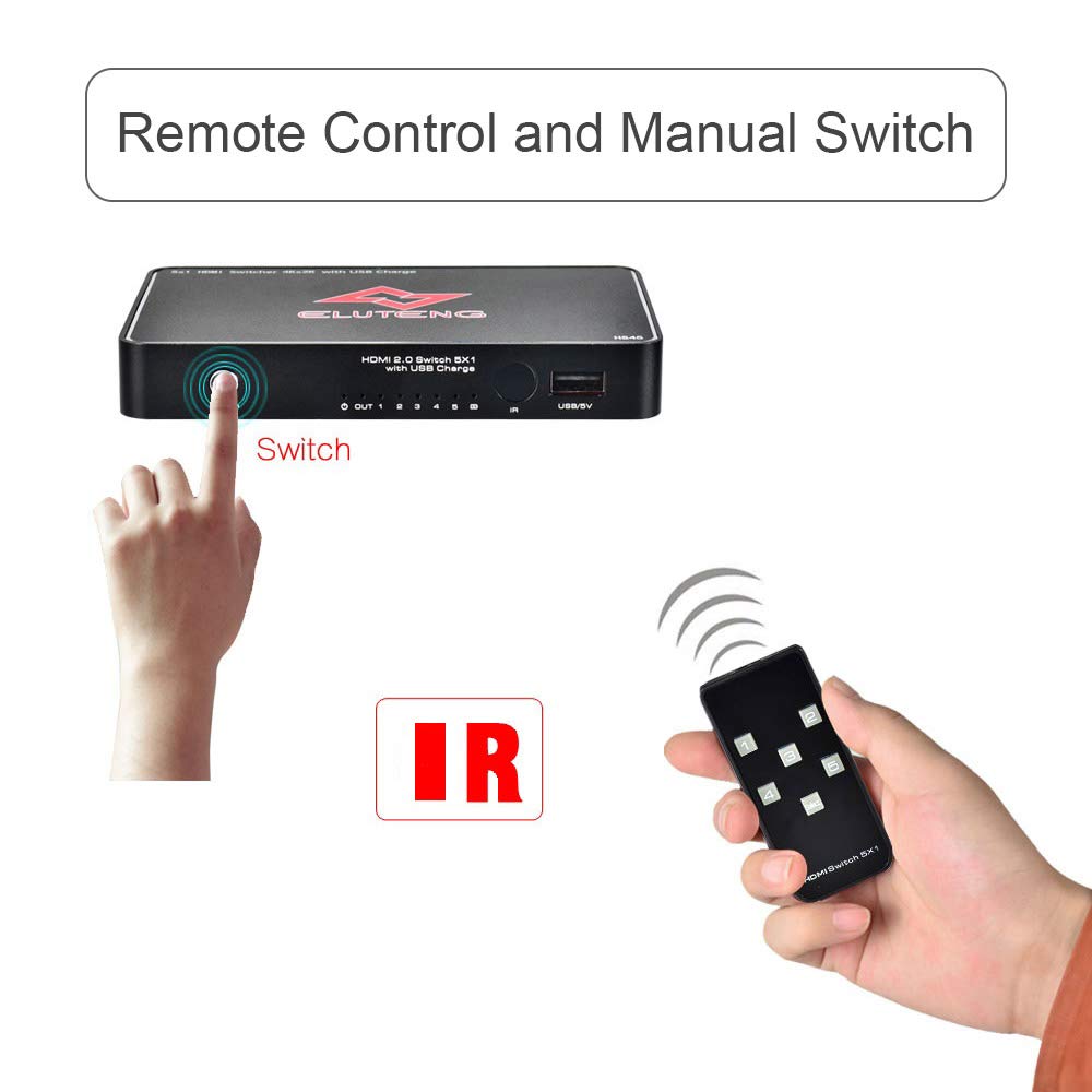 ELUTENG 4K 60Hz HDMI Switch 5x1 Ports HDMI Switcher 5 in 1 out HDMI 2.0 Splitter Switcher Support HDCP 2.2 Manual HDMI Switch with IR Remote Control Compitable for PS4 DVD HDTV PC TV Box Projector etc