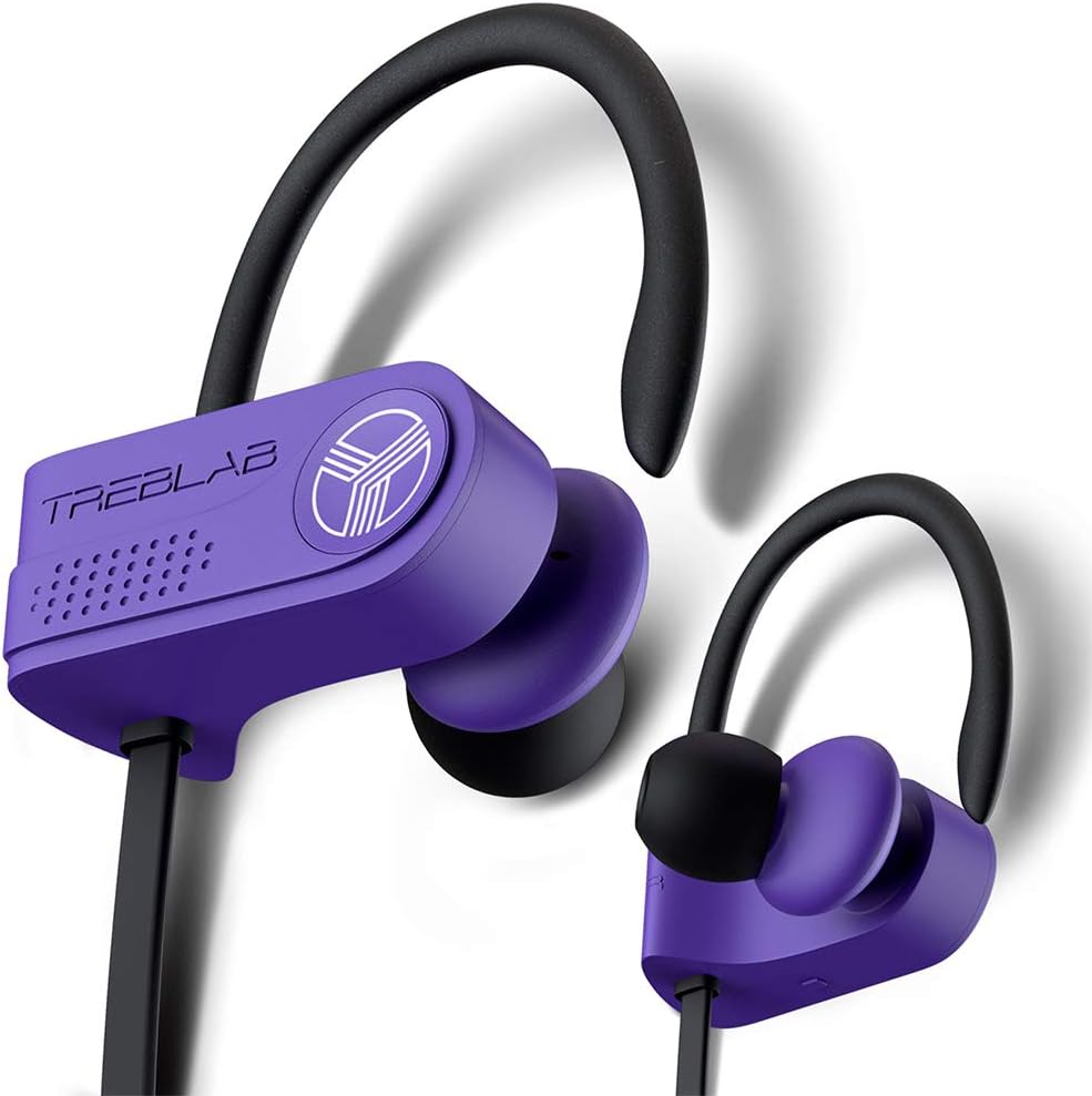 TREBLAB XR700 Wireless Sports Earbuds - Custom Adjustable Earhooks, PRO Running Bluetooth 5.0 Headphones for Athletes. IPX7 Waterproof, Sweatproof, in-Ear Headset, Noise Cancelling Earphones (Purple)