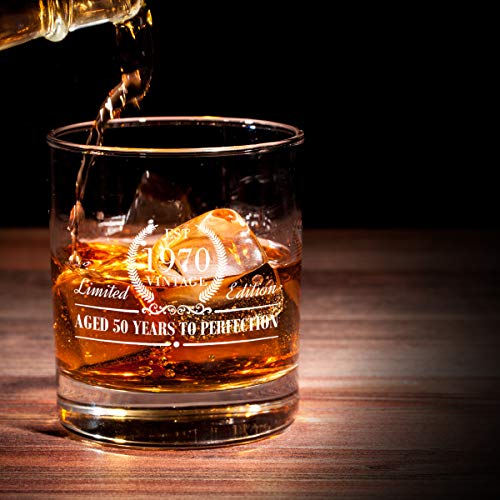 1970 Vintage Edition Birthday Whiskey Scotch Glass (50th Anniversary) 11 oz- Elegant Happy Birthday Old Fashioned Whiskey Glasses- Classic Lowball Rocks Glass- Cool Birthday Gift, Reunion Gift
