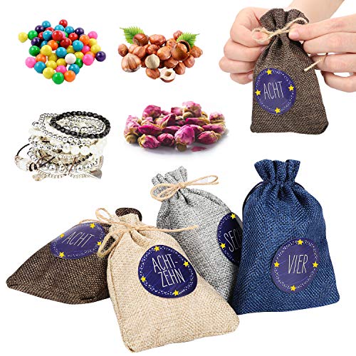 HHOOMY 24 Adventskalender zum Befüllen Selbstbefüllen Geschenktasche,24 Zahlen-Aufklebern Sackleinen Beutel für den Adventskalender zum Basteln und Befüllen, Weihnachten Basteltasche