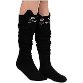 Womens Knee High Socks, womens socks, PXH Ladies Cat Catoon Cute Novelty Long Socks Over Knee High Sock. Black 58cm/22.83"