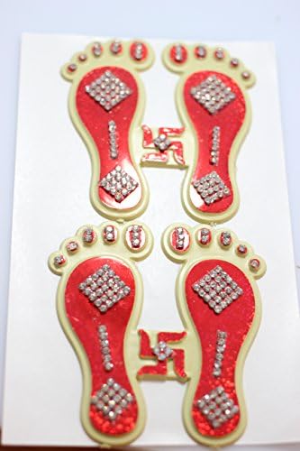 Pavitra Puja Medium Size Laxmi Charan Red Colour with Diamond Studded Sparkly Art Decal Yoga Meditation Hindu Sticker 2 Pcs