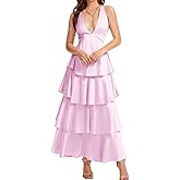 ShawGobow Ruffle Tiered Maxi Dress,Deep V Backless Satin Formal Dresses Women,Homecoming Cocktail Wedding Guest Outfits