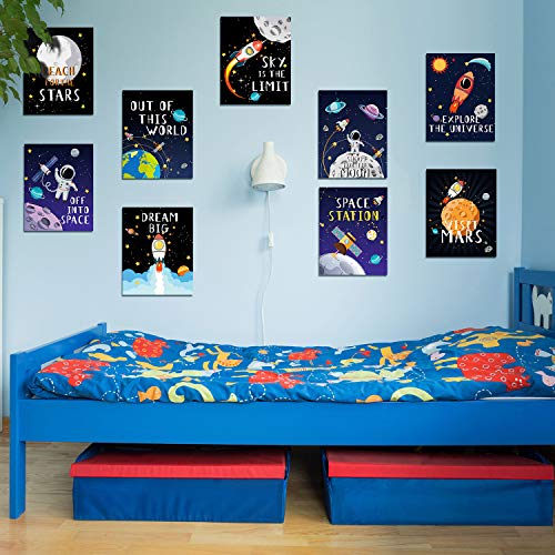 Blulu 9 Pieces Outer Space Decor for Kids Room Boy Bedroom Space Posters 8 x 10 Inch Cute Inspirational Art Decoration for Boys and Girls Playroom Space Nursery Decor