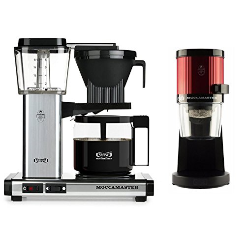 Technivorm Moccamaster KBG Glass Carafe Brewer Bundle with Technivorm Moccamaster KM4 TT Grinder - Polished Silver Brewer, Metallic Red Grinder