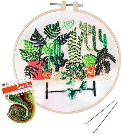 Full Range of Embroidery Kit with Pattern, Hartop Cross Stitch Starter Kit Including Embroidery Cloth with Plants Pattern,Plastic Hoop, Color Threads and Tools Kit (Potted Plant)