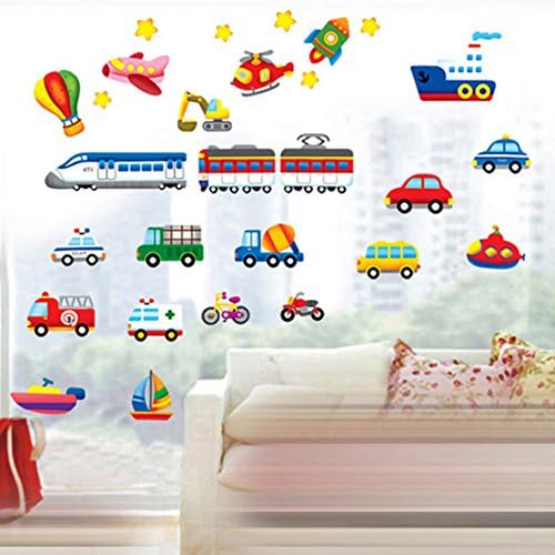 Cartoon Cars Trains Ships Boats Balloon Wall Sticker House Decal Removable Living Room Wallpaper Bedroom Kitchen Art Picture PVC Murals Sticks Window Door Decoration + 3D Frog Car Sticker Gift
