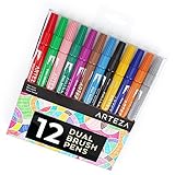 Dual Brush Pens 12-Colored-Markers Water-Based & Non-Toxic (Dual Tips, Set of 12)