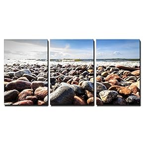3 Piece Canvas Wall Art - Wet Stones and Waves - Modern Home Art Stretched and Framed Ready to Hang - 16"x24"x3 Panels