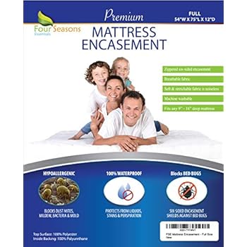 Four Seasons Essentials Full Size Mattress Protector Bedbug Waterproof Zippered Encasement Hypoallergenic Premium Quality Cover Protects Against Dust Mites Allergens