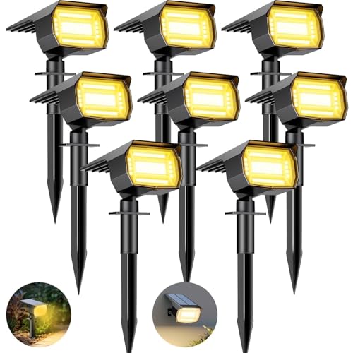 btfarm Set of 8 Solar Outdoor Spotlights, 72 LED Waterproof IP65, Solar Light with 3 Lighting Modes, 120° Adjustable Solar Outdoor Spotlight for Garden, Pathway, Pathway, Warm White