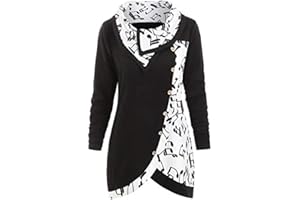 MNYYCXEN Fashion Women Solid Music Note Print Patchwork Long Sleeve T-Shirt Blouse Turtleneck Button Asymmetrical Hem Tops