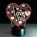 Pixnor 3D Lamp Illusion Night Light I Love U heart 7 Colors Changing Decorative Desk Lamp for lover Bedrooms