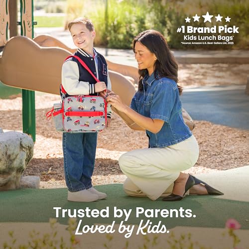 Bentgo Kids Lunch Bag - Double-Insulated, Reusable Lunch Bag for Kids 3+ with Adjustable Strap; Holds Lunch Box/Water Bottle/Snacks; Easy-Clean, Water-Resistant & Pockets (Trucks)