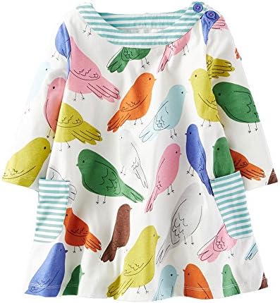 Girls Dresses Long Sleeves Cartoon 100% Cotton Casual Tunic Dress with Pocket for Kids 2-7T (7T,Bird 197)