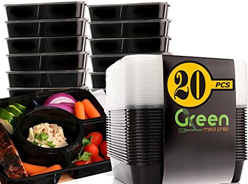 Meal Prep Containers | 20 Pack | Black | 4 Compartments | Best Plastic Healthy Hot Food Storage Containers, Reusable, Stackable Plastic Bento Box Lunch Box Containers With Dividers [33 oz]