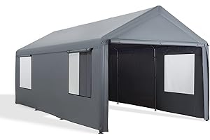 Gardesol Carport, 10'x 20' Heavy Duty Carport with Roll-up Ventilated Windows, Reinforced Portable Garage with Removable Sidewalls & Doors for Car, Truck, Boat, Car Canopy with All-Season Tarp, Gray