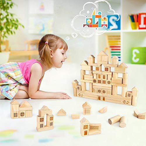 VATOS Solid Pine Wooden Building Block Set for Kids, 75PCS Stacking