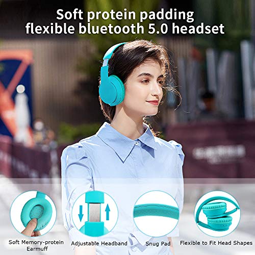Bluetooth Headphones Over Ear, Comfortable Wireless Headphones, Rechargeable HiFi Stereo Headset, w/Wired Mode, CVC6.0 Microphone for Cellphone Online Class, Home Office, PC (Light Green)
