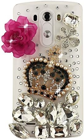 LG G Vista 2 Bling Case - Fairy Art Luxury 3D Sparkle Series Rose Crown Flower Crystal Design Back Cover with Soft Wallet Purse Red Cloth Pouch - Hot Pink