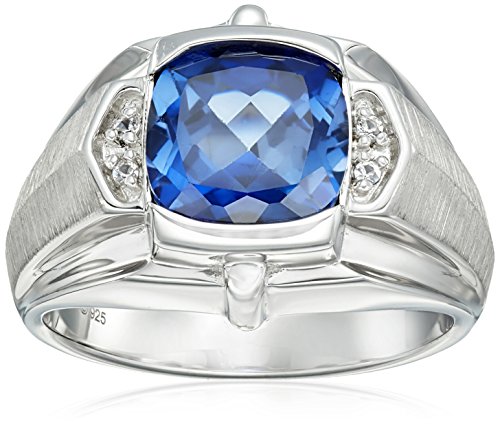 Men's Sterling Silver, Created Blue Sapphire, and Created White Sapphire Gents Ring, Size 10.5