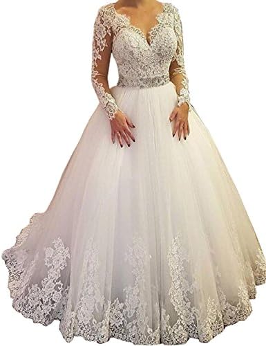 QiJunGe Women's Ball Gowns Wedding Dresses with Lace Long Sleeve Princess Bride Gowns