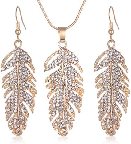Girl Rose Gold Crystal Drop Dangling Feather Love Leaves Earrings Chains Pendants Necklaces for Women Jewelry Sets(golden)