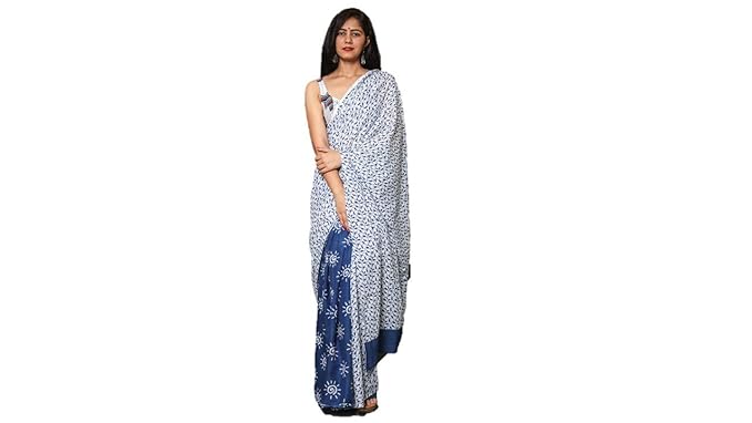 White & Blue Cotton Hand Block Printed Saree