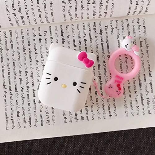 HDZYQ Airpods Case, 3D Cute Cartoon Soft Silicone Fashion Shockproof Protective Case Cover Skin with Doll Ring Buckle Holder for Apple Airpods 1 & 2 Charging Case (White Cat)
