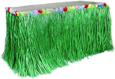 yestter Hawaiian Table Skirt, Hawaiian Tropical Hibiscus Grass Table Skirt Faux Silk Flowers For Hawaii, Tropical Beach Party, Luau Party And Tiki Party And Party Decorations And Patio Decorations