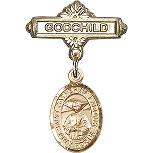 14kt Yellow Gold Baby Badge with St. Catherine Laboure Charm and Godchild Badge Pin 1 X 5/8 inches